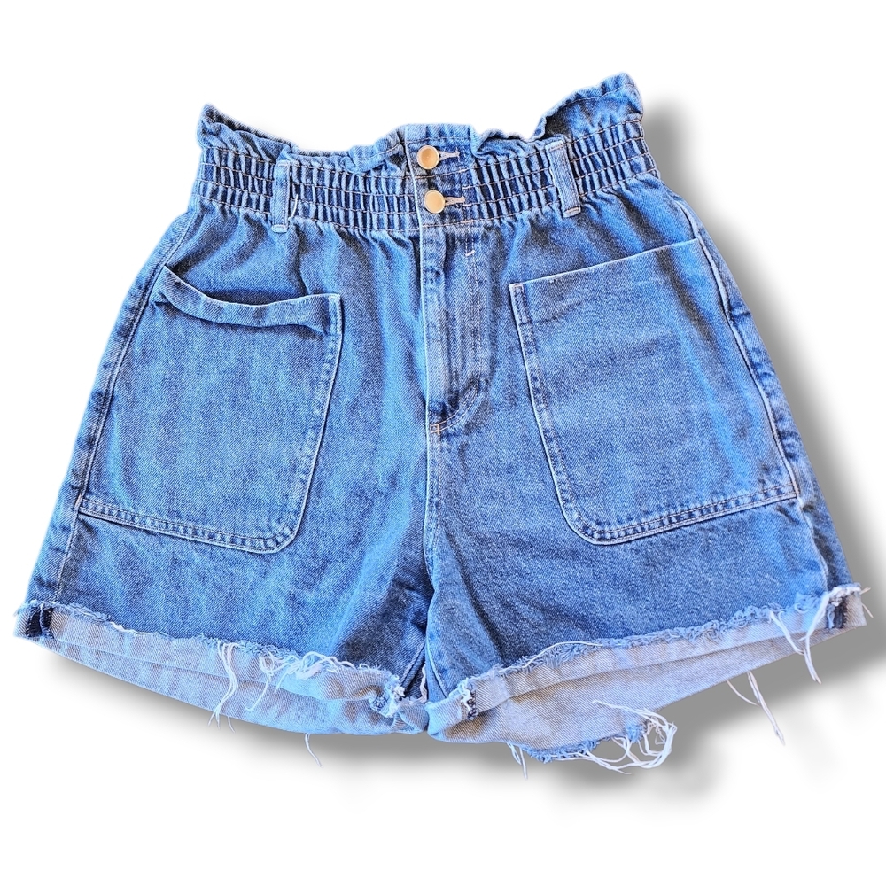 Zara Blue High Waist 90s Relaxed Fit 100% Cotton Cuffed Shorts 8